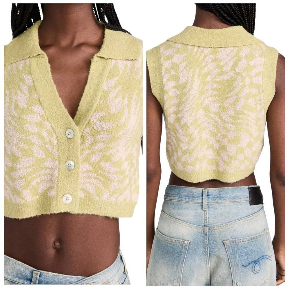 For Love & Lemons Simone Jacquard Button Crop Top Green Pink 2X NWT